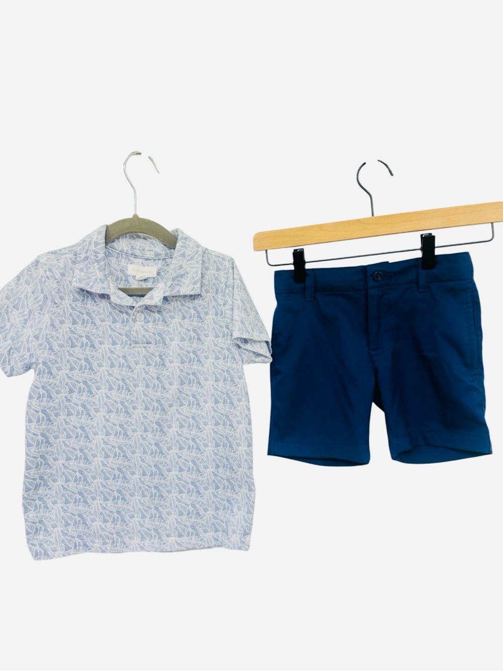 Boys Light Blue Leaf Print Polo & Navy Shorts Set